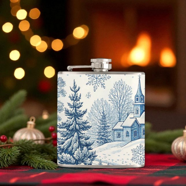 Snowy Christmas Church Blue White Winter Scene Hip Flask (Creator Uploaded)