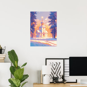 Snowy Christmas Church Scene Poster