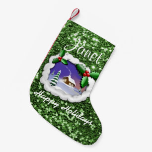 Snowy Christmas Cottage Green Faux Glitter Small Christmas Stocking
