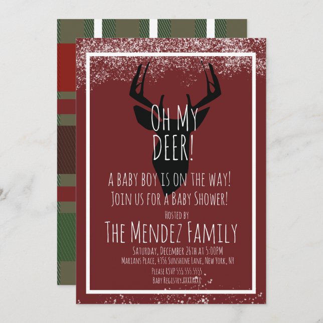 Snowy Christmas Deer Plaid Baby Shower Invitation (Front/Back)