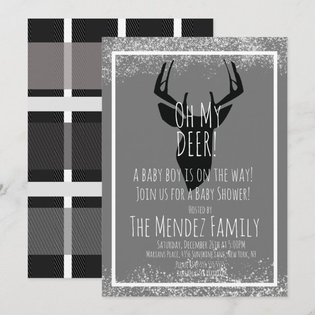Snowy Christmas Deer Plaid Baby Shower Invitation (Front/Back)