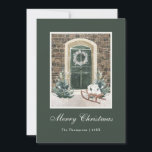 Snowy Christmas Door Dark Green Holiday Card<br><div class="desc">Introducing our stunning dark green Christmas holiday card, designed to bring warmth and joy to your loved ones this festive season. Featuring a beautiful watercolor illustration of a front door of a brick house adorned with charming Christmas decorations, this card is sure to capture the magic of the holiday season....</div>