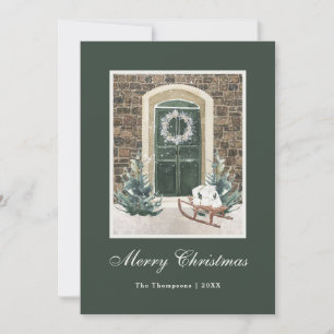 Snowy Christmas Door Dark Green Holiday Card