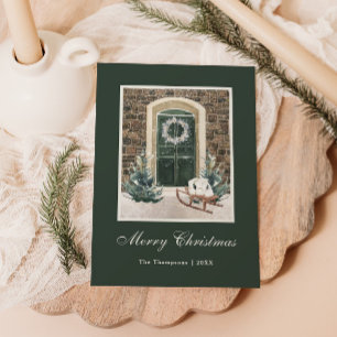 Snowy Christmas Door Dark Green Holiday Card