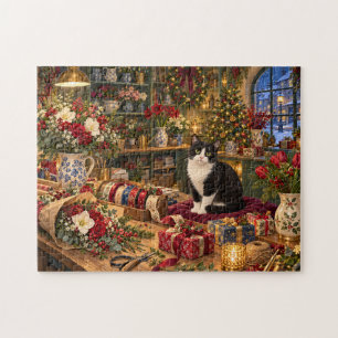 Snowy Christmas Flower Shop Cat Jigsaw Puzzle