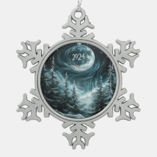 Snowy Christmas Forest with Big Moon Ornament Coll