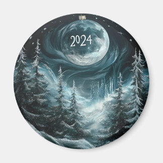 Snowy Christmas Forest with Big Moon Ornament Coll Magnet