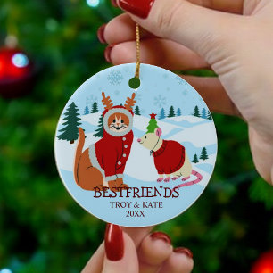 Snowy Christmas Friends – Cat and Rat Holiday  Ceramic Tree Decoration