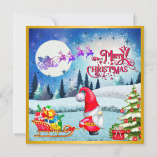 Snowy Christmas Gnome And Santa's Sleigh Gifts Card