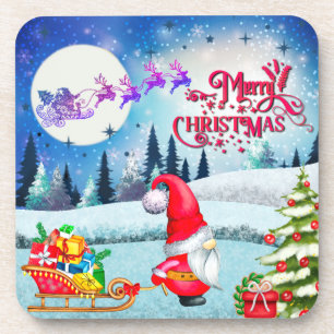 Snowy Christmas Gnome And Santa's Sleigh Gifts Coaster