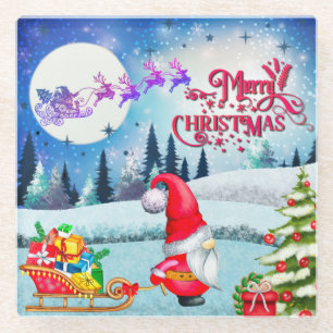 Snowy Christmas Gnome And Santa's Sleigh Gifts Glass Coaster