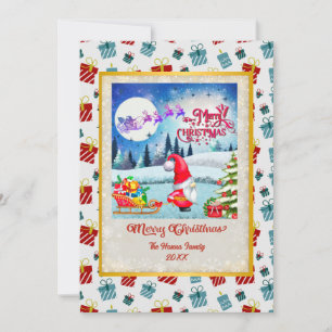 Snowy Christmas Gnome And Santa's Sleigh Gifts Holiday Card