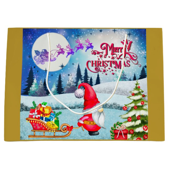Snowy Christmas Gnome And Santa's Sleigh Gifts Large Gift Bag (Front)
