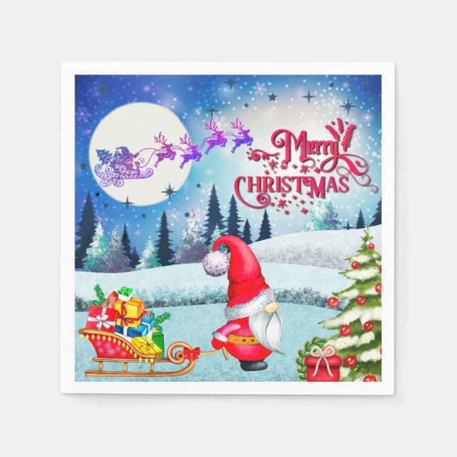 Snowy Christmas Gnome And Santa's Sleigh Gifts Napkin (Front)