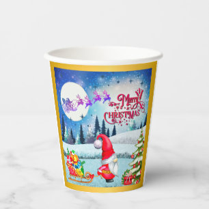 Snowy Christmas Gnome And Santa's Sleigh Gifts Paper Cups