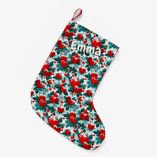 Snowy Christmas Hearts Red Green and White Small Christmas Stocking (Front (Hanging))