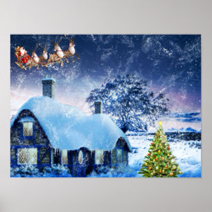 Snowy Christmas House and Santa Poster