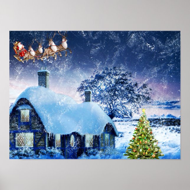 Snowy Christmas House and Santa Poster (Front)