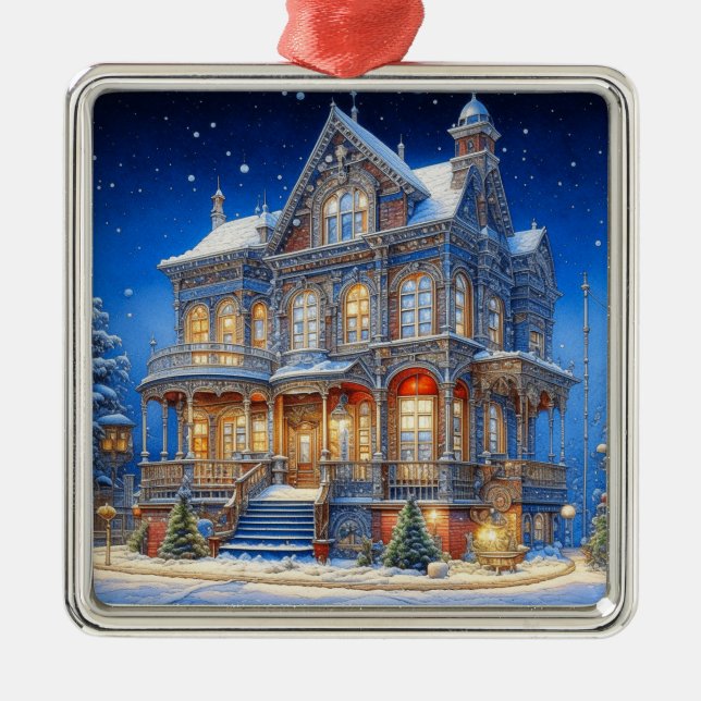 Snowy Christmas House Metal Tree Decoration (Front)