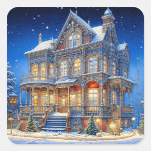 Snowy Christmas House Square Sticker