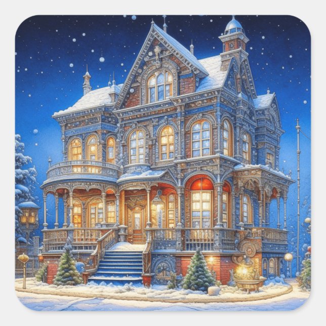 Snowy Christmas House Square Sticker (Front)
