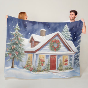 Snowy Christmas House Winter Painting Watercolor Fleece Blanket