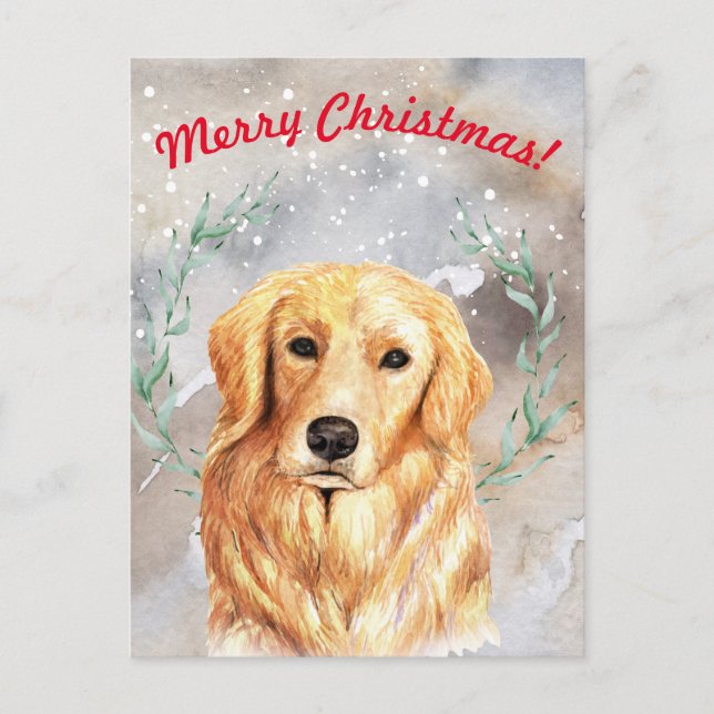 Snowy Christmas illustration with golden retriever Postcard (Front)