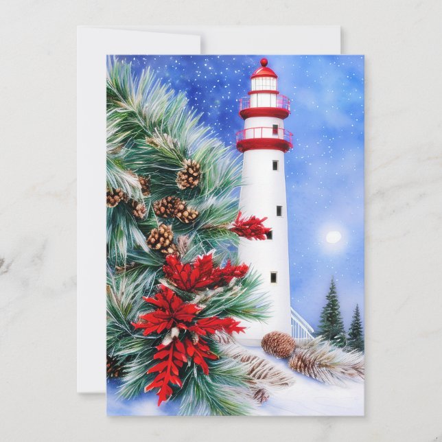 Snowy Christmas lighthouse budget mini Holiday Card (Front)
