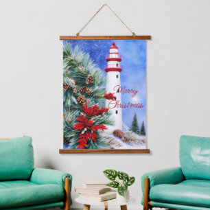Snowy Christmas lighthouse Hanging Tapestry