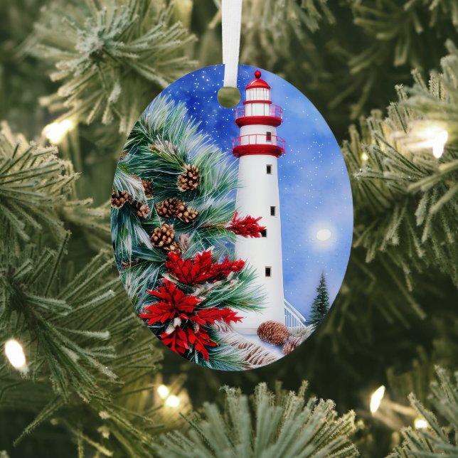 Snowy Christmas lighthouse  Metal Tree Decoration (Insitu)