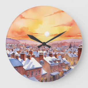 Snowy Christmas Morning Sunrise Large Clock