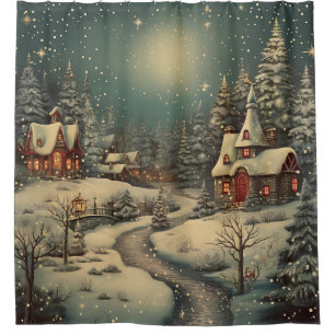 “Snowy Christmas Night Village Scene” Shower Curtain