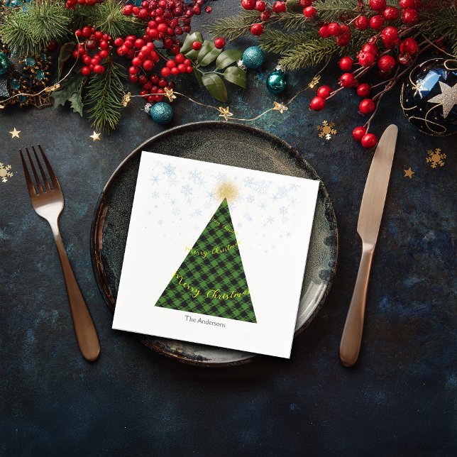 Snowy Christmas Plaids Tree Personalise Napkin (Creator Uploaded)