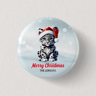 Snowy Christmas Santa Cute Snow Leopard Cub  3 Cm Round Badge