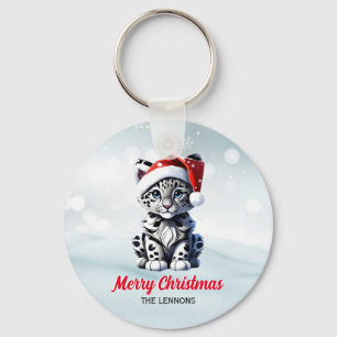 Snowy Christmas Santa Cute Snow Leopard Cub  Key Ring
