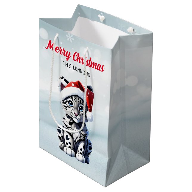 Snowy Christmas Santa Cute Snow Leopard Cub  Medium Gift Bag (Front Angled)