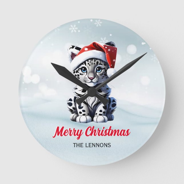 Snowy Christmas Santa Cute Snow Leopard Cub  Round Clock (Front)