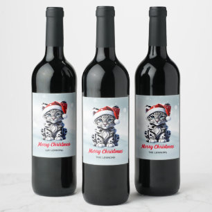 Snowy Christmas Santa Cute Snow Leopard Cub Wine Label