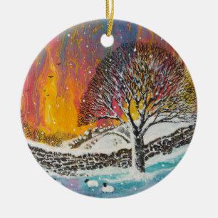 Snowy Christmas Scene Holiday Card Classic Round S Ceramic Tree Decoration