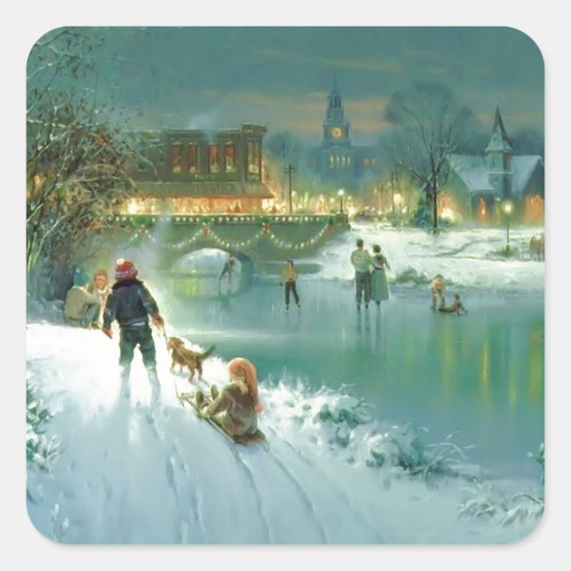 Snowy Christmas Scene Square Sticker (Front)