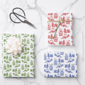 Snowy Christmas Toile | blue green and red Wrapping Paper Sheet