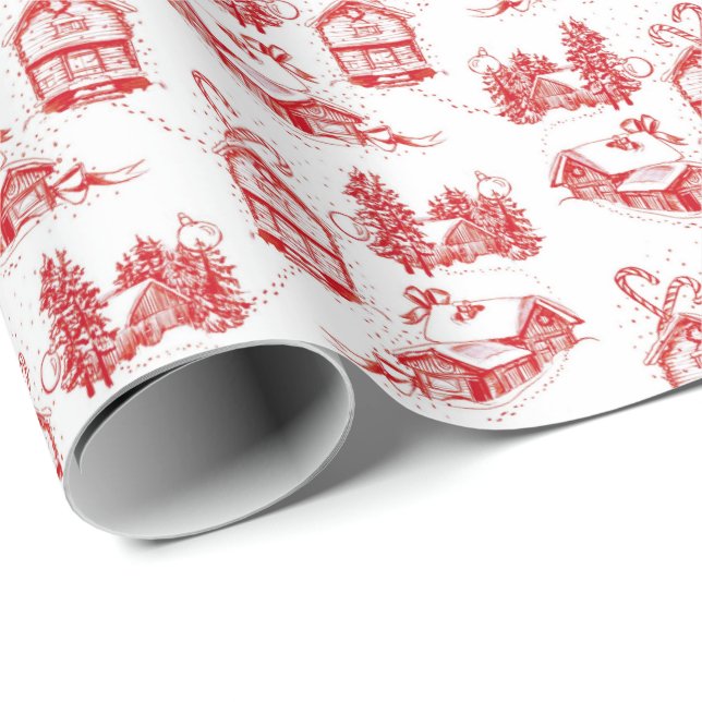 Snowy Christmas Toile | red single roll  Wrapping Paper (Roll Corner)