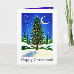 Snowy Christmas Tree Art - Gifts, Moon and Stars Holiday Card