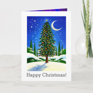 Snowy Christmas Tree Art - Gifts, Moon and Stars Holiday Card