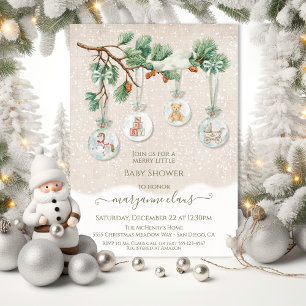 Snowy Christmas Tree Branch Ornament Baby Shower Invitation