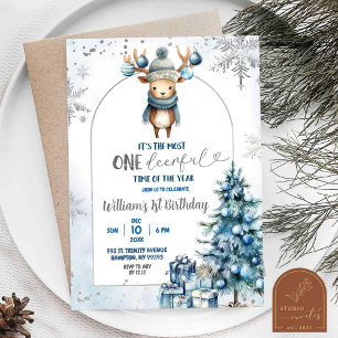 Snowy Christmas Tree Reindeer First Birthday Invitation