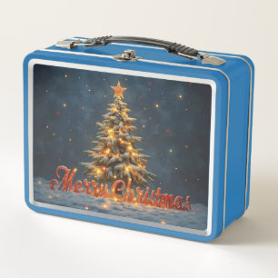 Snowy Christmas Tree with Warm Lights Metal Lunch Box