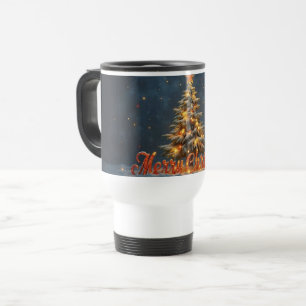 Snowy Christmas Tree with Warm Lights Travel Mug