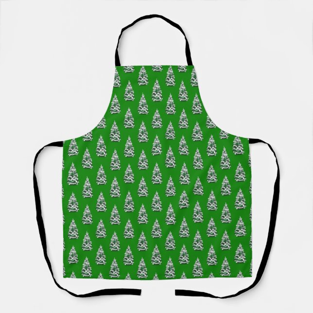 Snowy Christmas Trees in Green Pattern Apron (Front)