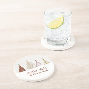 Snowy Christmas Trees Joyeux Noel Red Gold Pink  Coaster